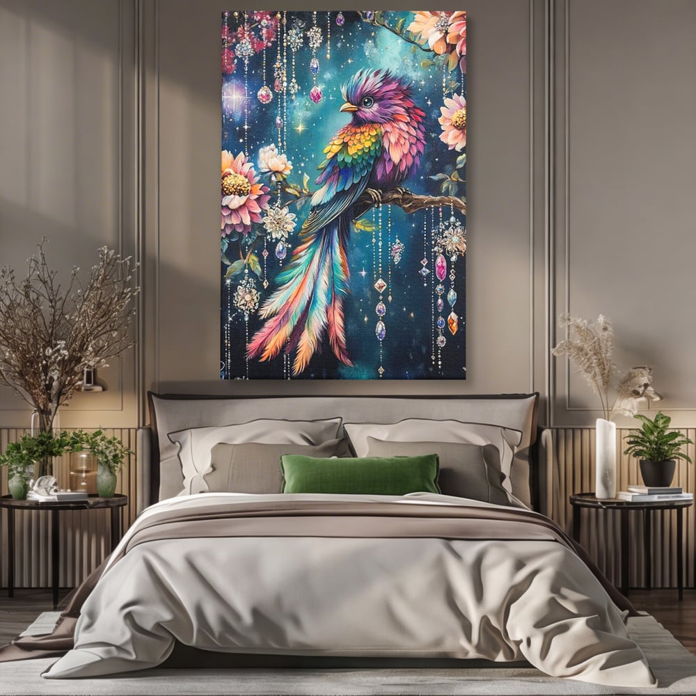 Tablou canvas cu tablou canvas cu pasare colorata si cristale, fara rama, pe sasiu de lemn, pe perete intr-un dormitor